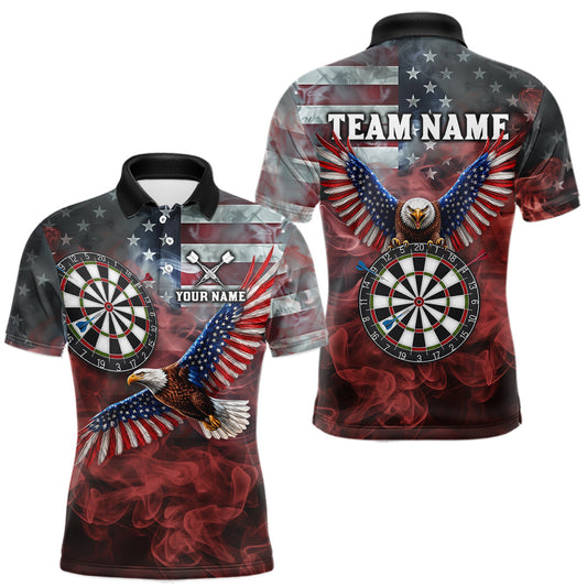 Maxcorners Red Grey Smoke American Flag Eagle Darts Team Shirt For Men Custom Patriotic Dart Polo 1/4-Zip Jersey