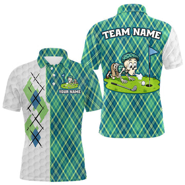 Maxcorners Green And Blue Argyle Golf Apparel Funny Skeleton Golf Polos For Men Custom Golf Team Outfits LM2405