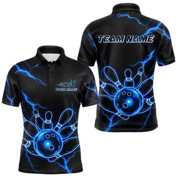 Maxcorners Blue Lightning Thunder Neon Bowling Polo Quarter Zip Shirt For Men Custom Bowling Team Jersey
