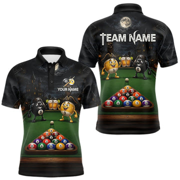 Maxcorners Halloween Pool Billiard Polo 1/4-Zip Shirt For Men Custom Funny Pirate 8 & 9 Ball Pool Team Jersey LM0409