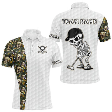 Maxcorners Funny Mens Golf Polo Shirt Custom Green Tropical Pattern Golf Ball Personalized Skull Golf Shirts