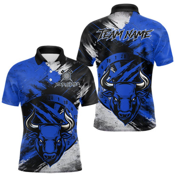 Maxcorners Custom Blue Grunge Funny Bull Darts Polo & 1/4 Zip Shirt For Men Bull Darts Team Jerseys LM0409