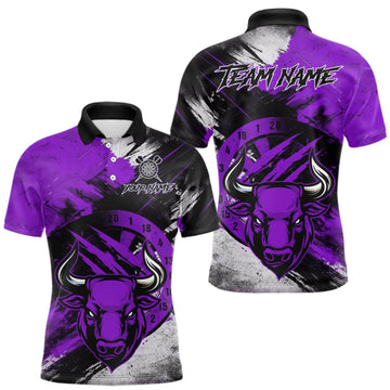 Maxcorners Custom Purple Grunge Funny Bull Darts Polo & 1/4 Zip Shirt For Men Bull Darts Team Jerseys LM0409