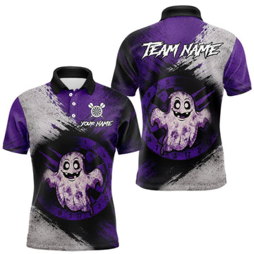 Maxcorners Custom Purple Grunge Halloween Ghost Dart Polo & 1/4 Zip Shirt For Men Halloween Darts Team Jersey LM0409