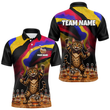 Maxcorners Custom Smoking Pipe Cat Drunk Whisky Bowling Jersey For Men Tabby Cat Bowling Shirt Bowler Uniform Gift LM0409