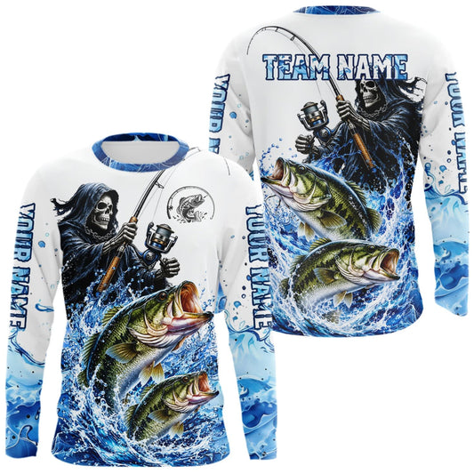 Maxcorners Custom Bass Fishing Jersey Long Sleeve Grim Reaper Largemouth Bass Duo Fishing Shirt Apparel For Men LM0609