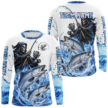 Maxcorners Custom Salmon Fishing Jersey Long Sleeve Grim Reaper Chinook Salmon Duo Fishing Shirt Apparel For Men LM0609