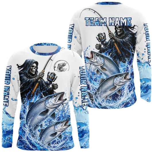 Maxcorners Custom Salmon Fishing Jersey Long Sleeve Grim Reaper Chinook Salmon Duo Fishing Shirt Apparel For Men LM0609