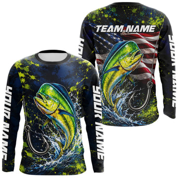 Maxcorners Personalized Mahi Mahi Splatter US Flag Fishing Jersey Custom Name Long Sleeve Fishing Shirt For Men LM0609