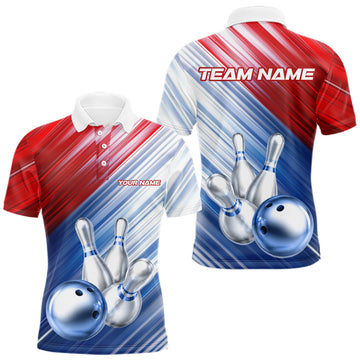 Maxcorners Red And Blue Strike Bowling Shirt For Men Custom Polo Quarter-Zip Bowling Team Jersey