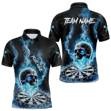 Maxcorners Custom Blue Ice Smoke Skull Dartboard Darts Polo Shirt For Men Dart League Jerseys