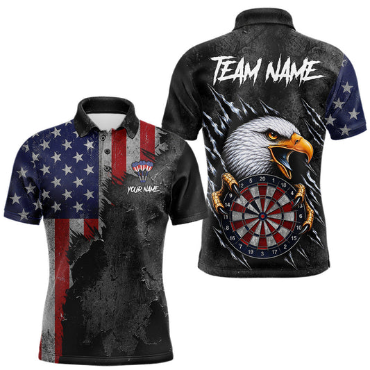 Maxcorners Personalized Grunge American Flag Eagle Darts Polo & Quarter Zip For Men, Patriotic Darts Jersey