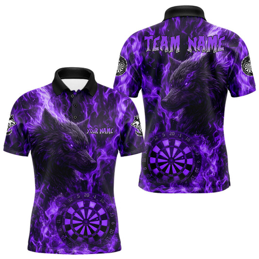 Maxcorners Custom Black Purrple Flames Wolf Dartboard Dart Men Polo Shirt Outfits Dart Jerseys LM0404