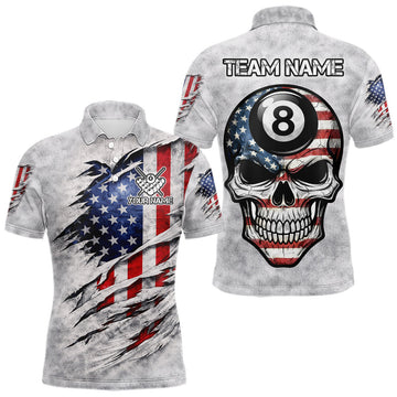 Maxcorners Personalized White Grunge American Flag Skull Pool 8 Ball Men's Billiard Team Shirt Billiard Attire