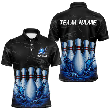 Maxcorners Blue Splatter Watering Bowling Pin Shirts For Men Custom Grunge Bowling Polo Quarter Zip Jerseys