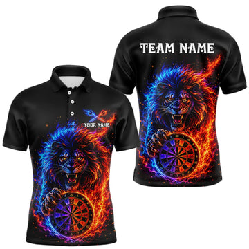 Maxcorners Red And Blue Flame Lion Darts Polo Quarter-Zip Shirts For Men Custom Fire Lion Darts Team Jersey LM1508