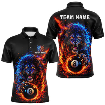 Maxcorners Red And Blue Flame Lion Pool Polo Quarter-Zip Shirts For Men Custom Fire 8 Ball Billiard Team Jersey LM0409