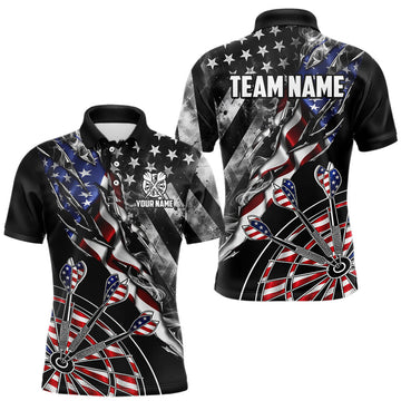 Maxcorners Personalized Smoke US Flag Dart Polo 1/4-Zip Shirt For Men Custom Patriotic Dart Team Uniforms LM1406