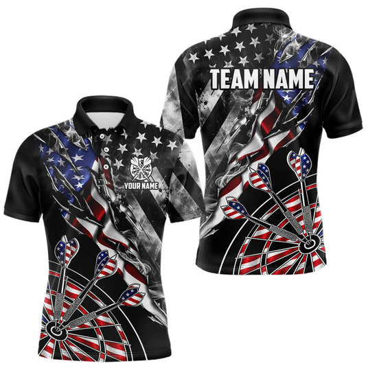 Maxcorners Personalized Smoke US Flag Dart Polo 1/4-Zip Shirt For Men Custom Patriotic Dart Team Uniforms LM1406
