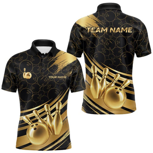 Maxcorners Black And Gold Splatter Paint Bowling Shirt For Men Custom Polo Quarter-Zip Bowling Team Jersey LM1508