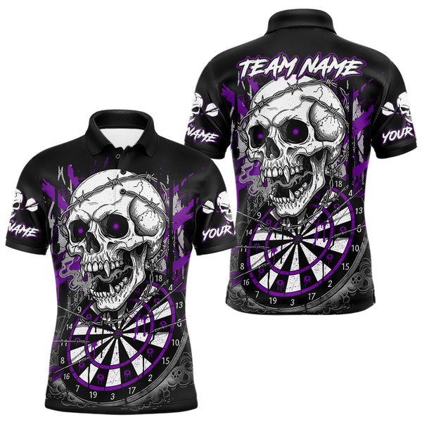 Maxcorners Custom Purple Grey Skull Barbed Wire Dartboard Grunge Darts Polo Shirt For Men Dart Gifts MT1511