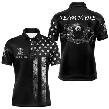 Maxcorners Grey Grunge US Flag Smoke 8 Ball Billiard Pool Shirt For Men Custom Billiard Skeleton Team Apparel LM0409