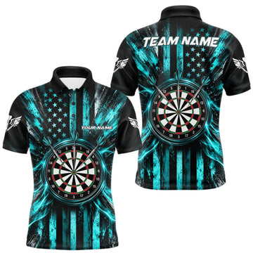 Maxcorners Black And Teal US Flag Mens Darts Polo 1/4-Zip Shirt Custom Patriotic Darts Tournament Jersey LM1910