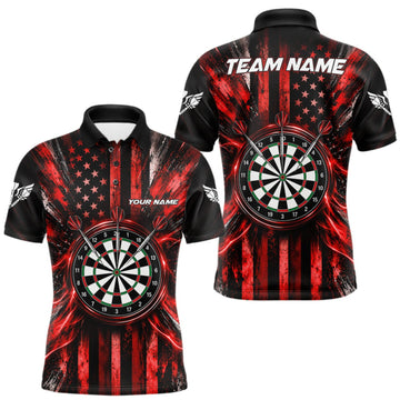 Maxcorners Black And Red US Flag Mens Darts Polo 1/4-Zip Shirt Custom Patriotic Darts Tournament Jersey LM1910