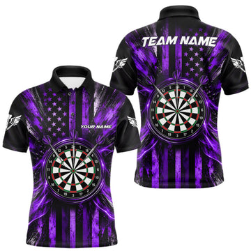 Maxcorners Black And Purple US Flag Mens Darts Polo 1/4-Zip Shirt Custom Patriotic Darts Tournament Jersey LM1910