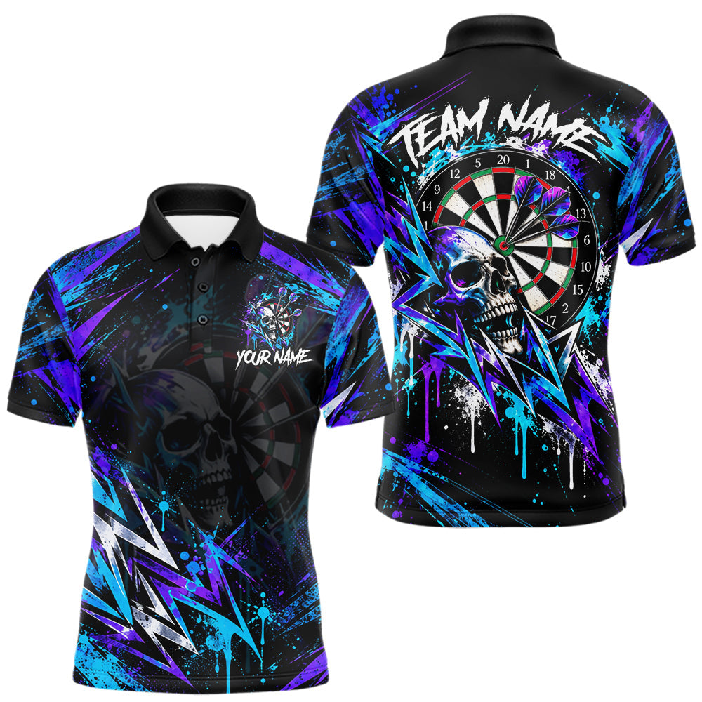 Maxcorners Custom Neon Blue Purple Skull Darts Polo 1/4-Zip Shirt For Men Skull Splatter Dart Team Jersey