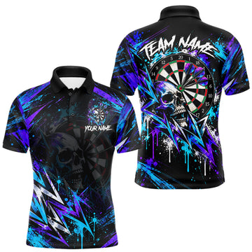 Maxcorners Custom Neon Blue Purple Skull Darts Polo 1/4-Zip Shirt For Men Skull Splatter Dart Team Jersey