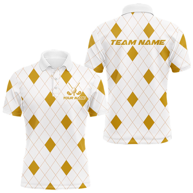 Maxcorners Yellow Argyle Mens Golf Polo Shirt Custom Name Personalized Plaid Argyle Golf Shirt For Golfer