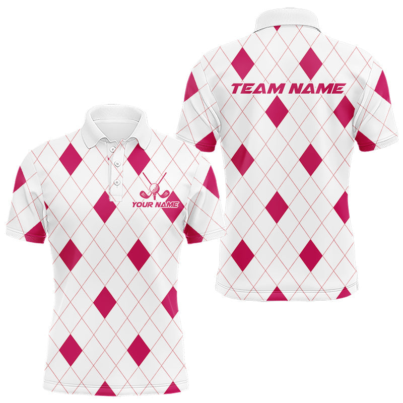 Maxcorners Pink Argyle Mens Golf Polo Shirt Custom Name Personalized Plaid Argyle Golf Shirt For Golfer