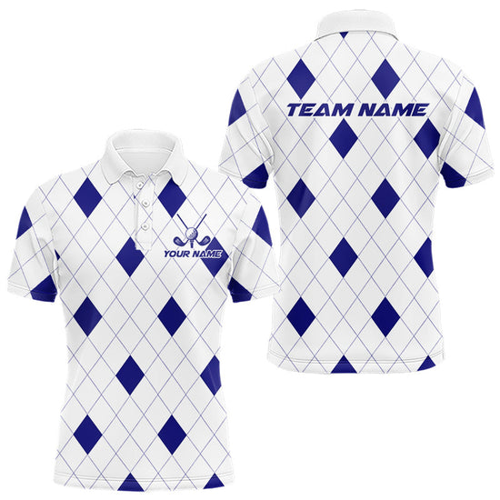 Maxcorners Navy Argyle Mens Golf Polo Shirt Custom Name Personalized Plaid Argyle Golf Shirt For Golfer