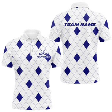 Maxcorners Navy Argyle Mens Golf Polo Shirt Custom Name Personalized Plaid Argyle Golf Shirt For Golfer