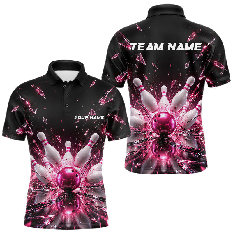 Maxcorners Custom Pink Shattered Broken Glass Bowling Shirt For Men Crystal Strike Bowling Team Bowling League