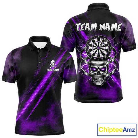 Maxcorners Custom Silver Skull Dartboard Lightning Purple Dart Men Polo Jerseys Outfits Dart Shirt MT1810