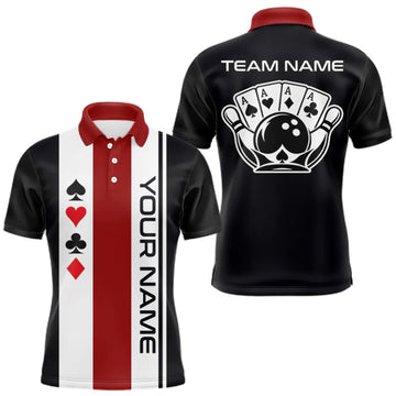 Maxcorners Poker Bowling Polo Quarter-Zip Shirt For Men Custom Black , White & Red Poker Bowling Tournament Jersey LM1910