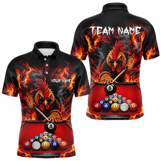 Maxcorners Custom Fire Rooster Billiard Polo 1/4-Zip Shirt For Men Personalized Cool Rooster Pool Team Jersey