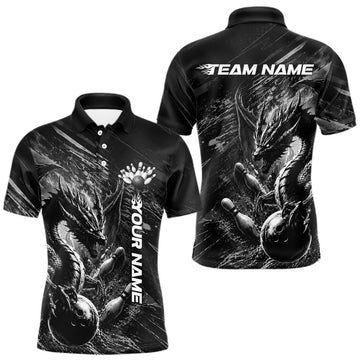 Maxcorners Black & White Grunge Dragon Mens Bowling Shirt Personalized Bowling Ball & Pins Team Shirt