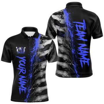 Maxcorners Blue Splatter & Grey Bone Mens Bowling Polo Quarter Zip Shirts Custom Team Bowling Tournament Jerseys LM2607