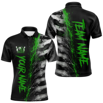 Maxcorners Green Splatter & Grey Bone Mens Bowling Polo Quarter Zip Shirts Custom Team Bowling Tournament Jerseys LM2607