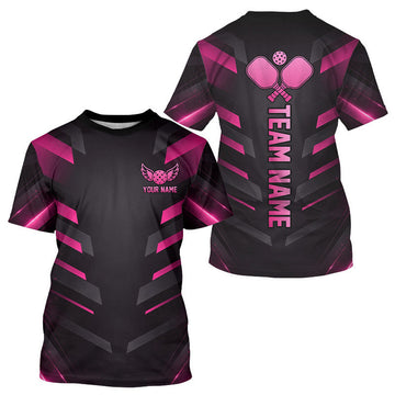 Maxcorners Custom Pink And Black Pickleball T-Shirt For Men, Lightning Pickleball Tournament Shirt LM2607