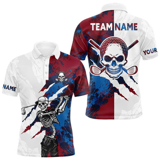 Maxcorners Red & Blue Splatter Funny Skull Golf Polo Shirt For Men Custom Skull Playing Golf Team Clothes LM2306