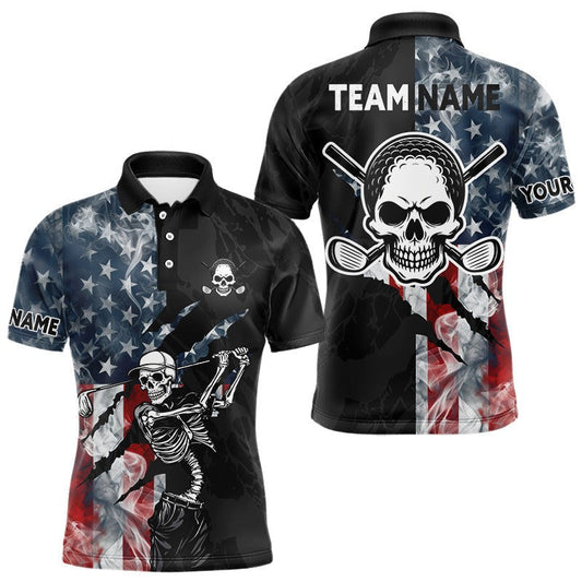 Maxcorners Smoke US Flag Funny Skull Golf Polo Shirt For Men Custom Skull Playing Golf Team Clothes LM2306