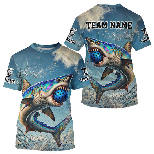 Maxcorners Custom Blue Ferocious Shark Funny Pickleball T-Shirt For Men Pickleball Team Jersey LM2509