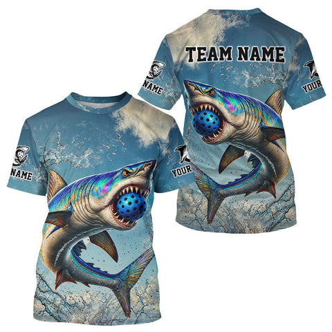 Maxcorners Custom Blue Ferocious Shark Funny Pickleball T-Shirt For Men Pickleball Team Jersey MT2009