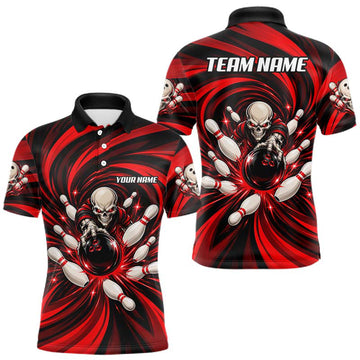 Maxcorners Custom Red Swirl Skull Bowling Polo 1/4-Zip Shirt For Men Skeleton Youth Bowling Team Jerseys