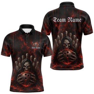 Maxcorners Custom Thunder Grim Reaper Men Bowling Shirts Skull Bowling Team Jerseys Bowling League | Red LM2607