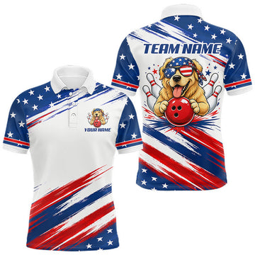 Maxcorners Men Bowling Polo Quarter-Zip Shirt Patriotic Dog Bowling Apparel Personalized USA Flag Team Shirt LM2607